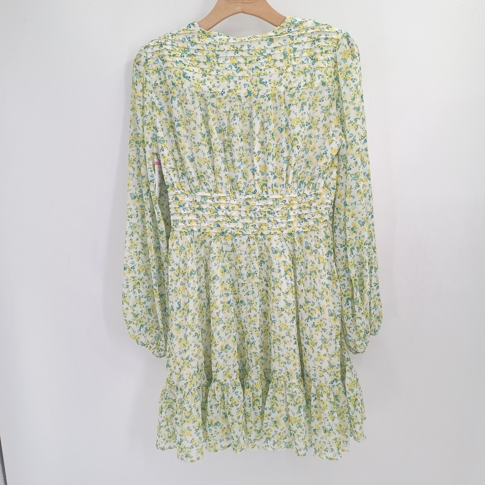 VICI Collection Floral Long Sleeve Chiffon Babydoll Mini Dress Green/Yellow - Picture 4 of 9